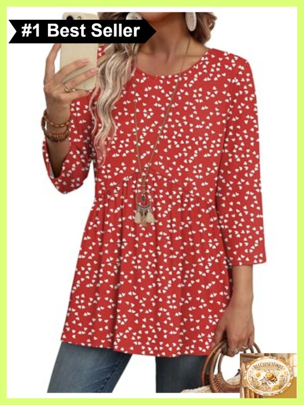 Women's 3/4 Sleeve Babydoll Tunic Top Loose Fit Casual Blouse
